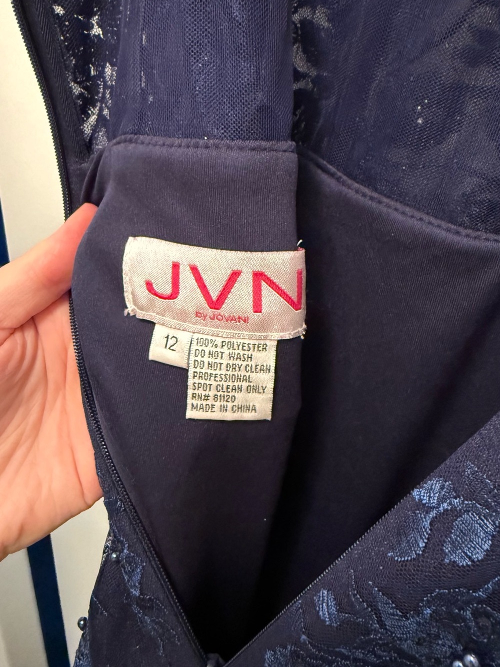 JVN by Jovani Navy Blue Lace & Tulle Mermaid Gown - Picture 4 of 5